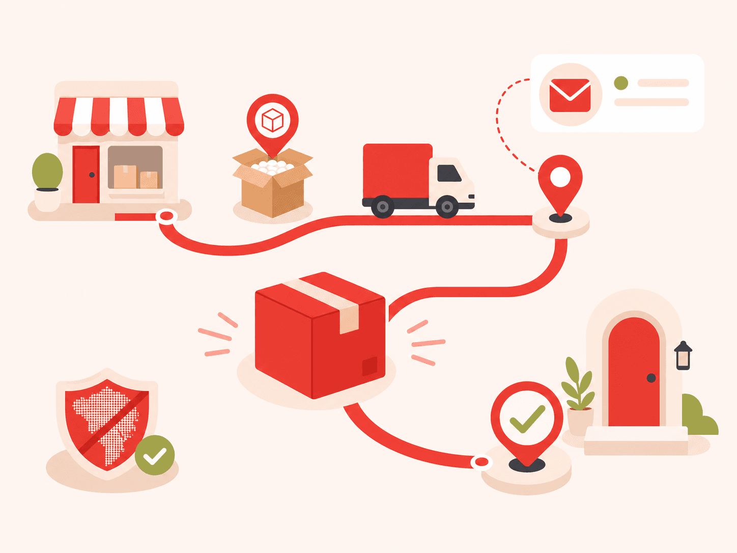 Illustration of a branded parcel journey with delivery checkpoints, notifications, and successful delivery