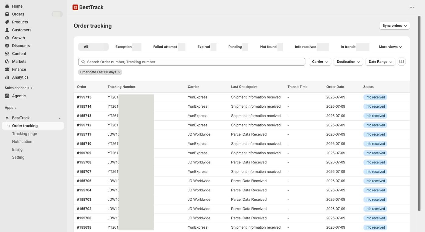 Order tracking dashboard with filters and status tabs