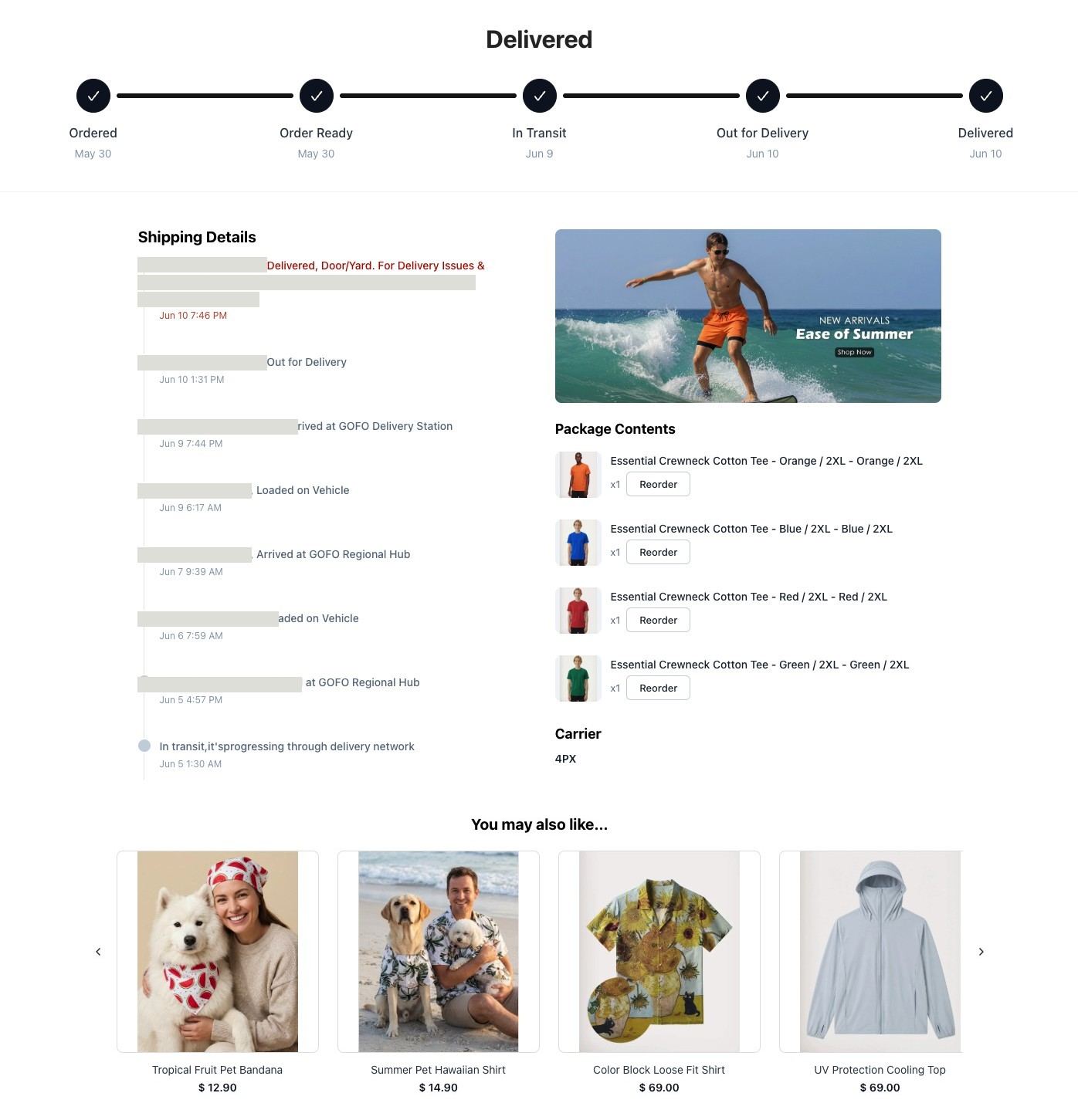 Customer tracking page after an order lookup