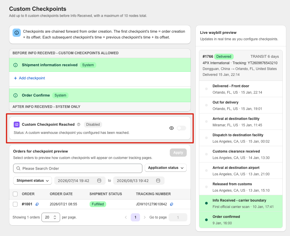 BestTrack Custom Checkpoint Reached notification control highlighted in the Custom Checkpoints settings with live waybill preview