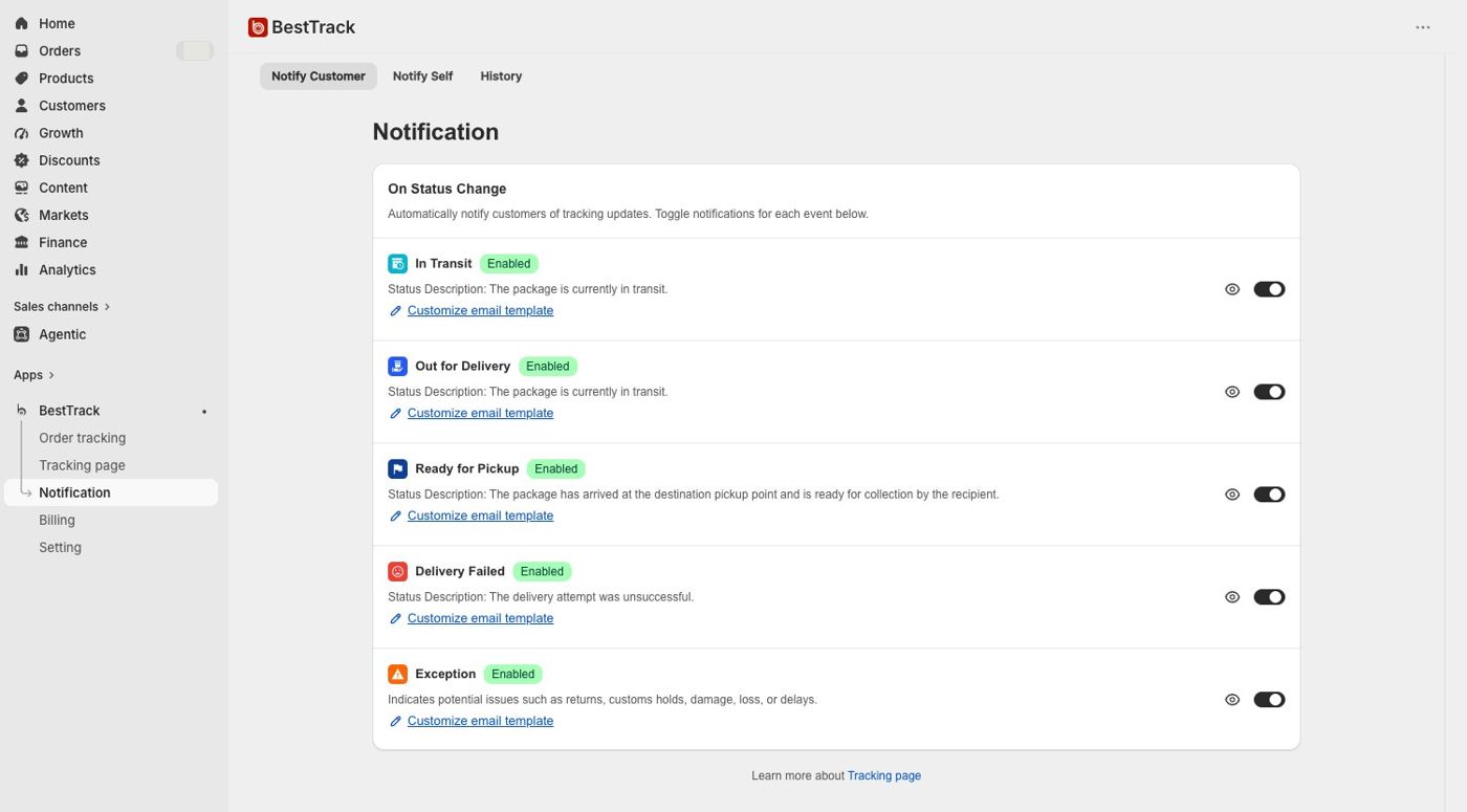 Notification event controls for customer shipment alerts