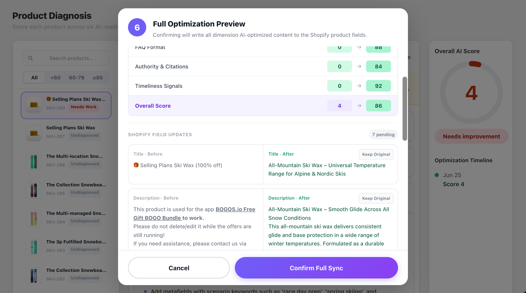 BestFeed AI full optimization preview with before and after Shopify field content