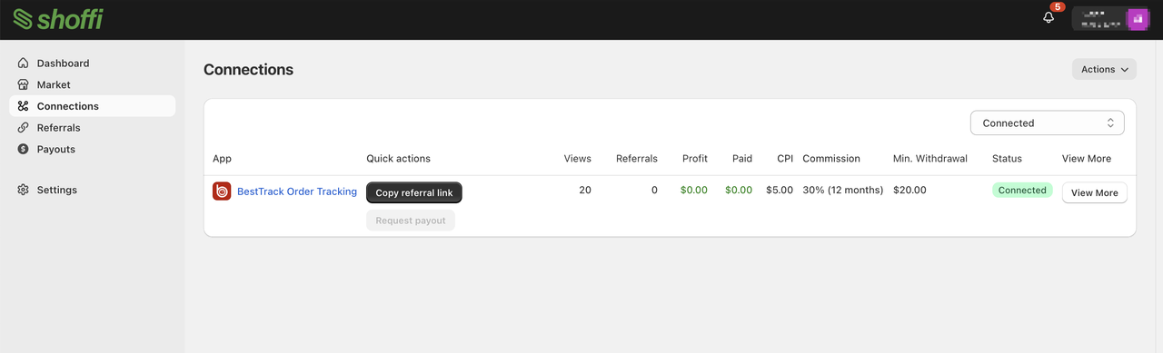 Placeholder for the Shoffi Connections page showing BestTrack and the Copy referral link action