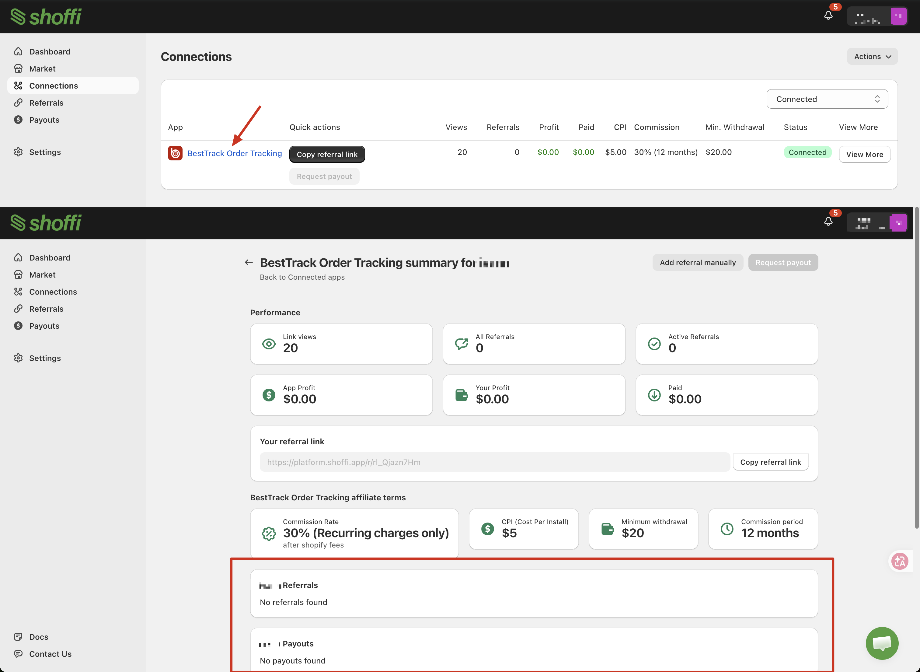Placeholder for the Shoffi Performance and Payouts page showing commission status and payout actions