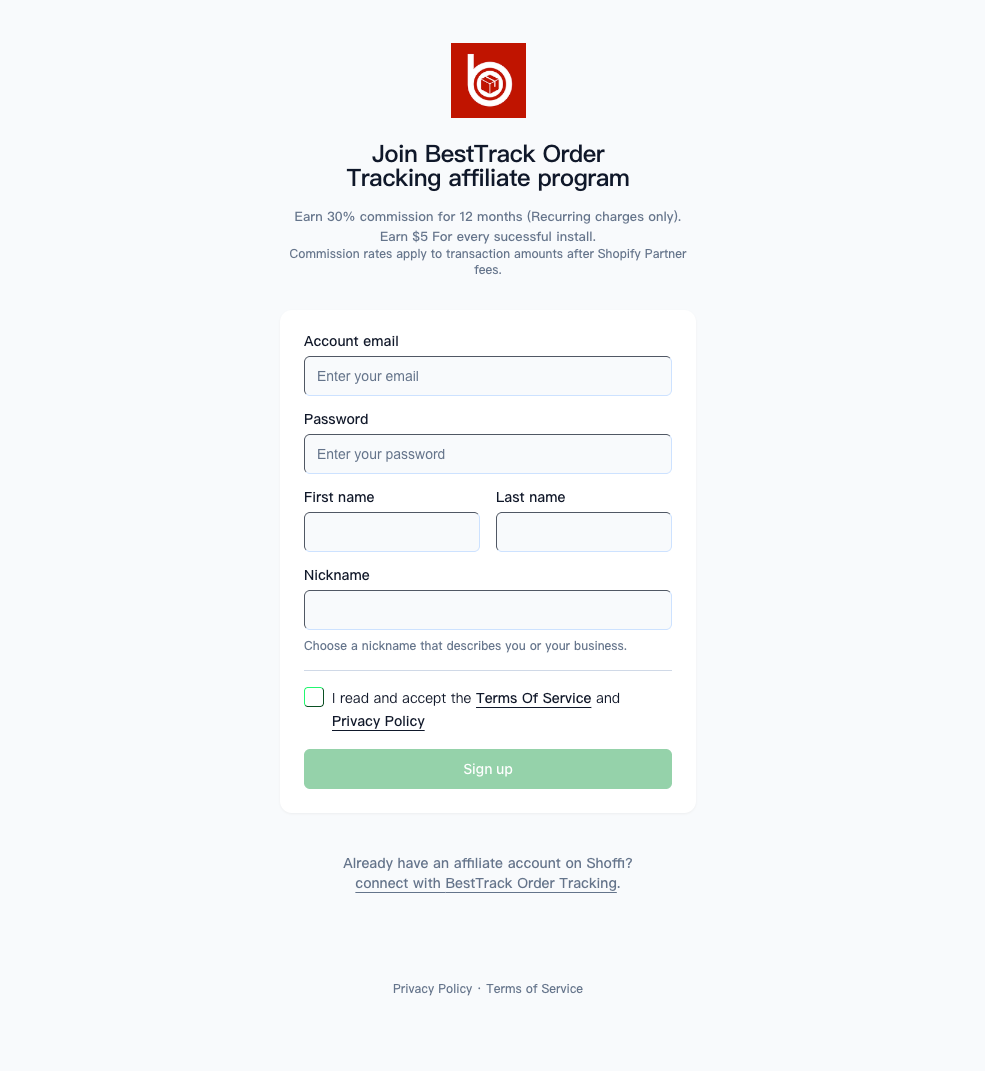 Placeholder for the Shoffi affiliate registration screen showing the registration form and program terms