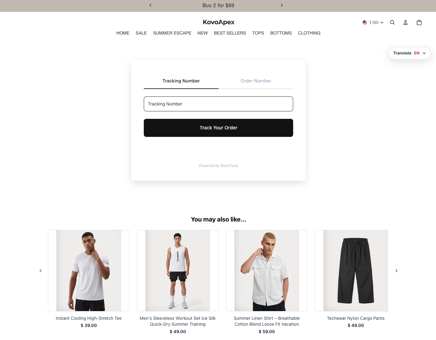 BestTrack branded tracking page on a KovoApex storefront